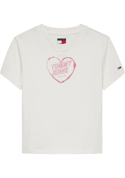 Kadın Th Slim Fit Kalp Baskılı Tişört – Ekru