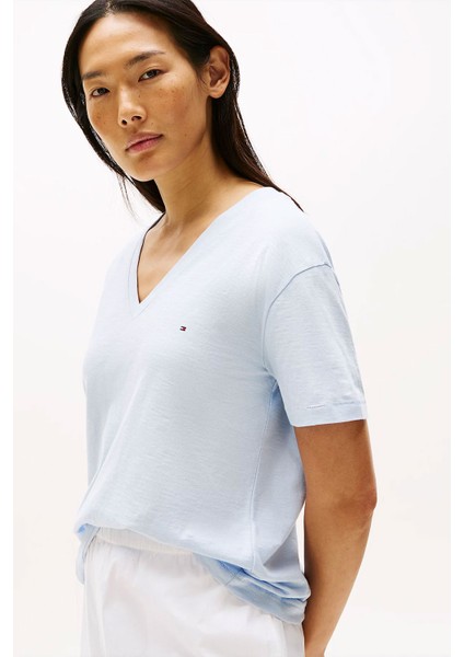 Kadın Slub Crop V-Yaka Kısa Kol T-Shirt - Açık Mavi fiyatları