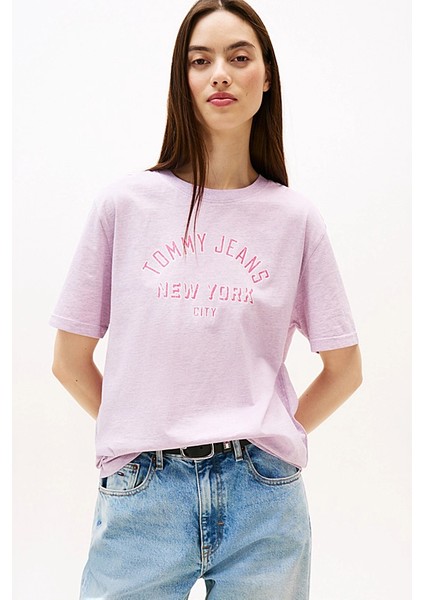 Kadın Varsity Logolu Relaxed Fit T-Shirt - Pembe
