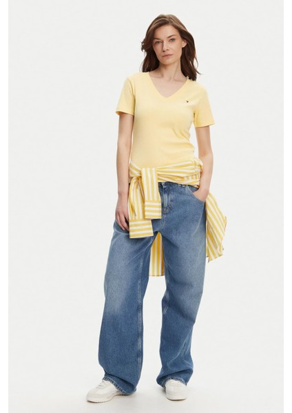 Kadın Slim Cody V-Yaka Kısa Kollu T-Shirt - Sarı fiyatları