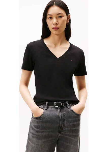 Kadın Slim Cody V-Yaka Kısa Kollu T-Shirt - Siyah