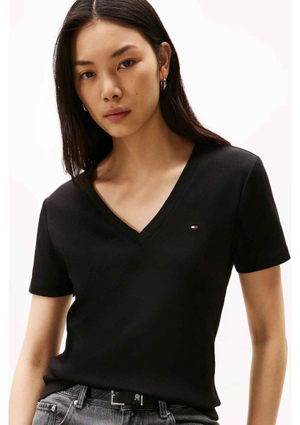 Kadın Slim Cody V-Yaka Kısa Kollu T-Shirt - Siyah modelleri