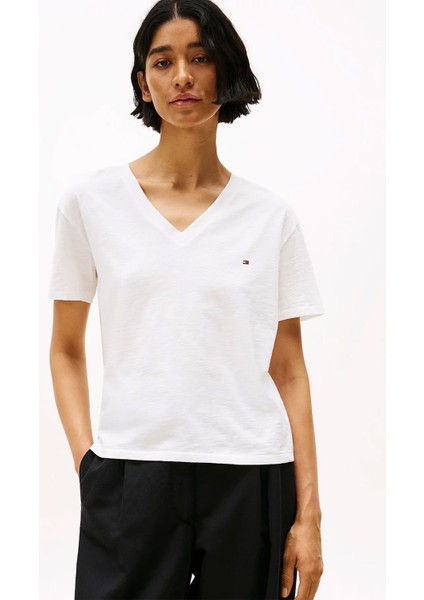 Kadın Crop V Yaka Kısa Kollu T-Shirt - Ekru