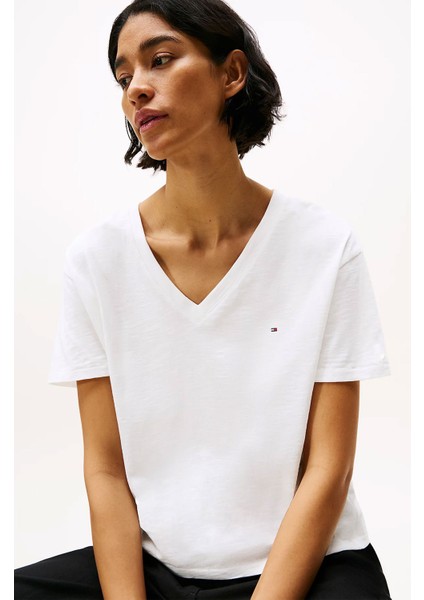 Kadın Crop V Yaka Kısa Kollu T-Shirt - Ekru fiyatları