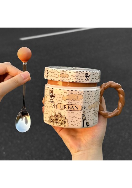 Duygu Kupa Kapaklı ve Kaşık Tasarımcı Kahve Fincanları Erkekler ve Kadınlar Için Niş Seramik Su Dakları Çift Süt Dakları (Yurt Dışından)