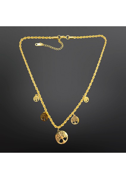 Gold Renk Beş Hayat Ağacı Model Burgulu Zincir 316 L Paslanmaz Çelik Özel Tasarım Çelik Kolye [KOD0865]