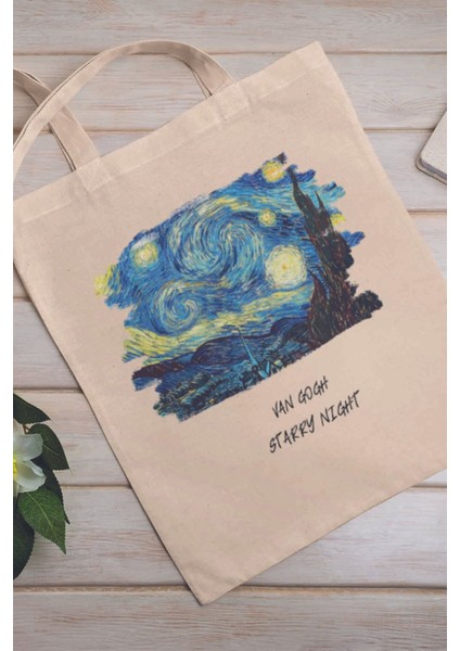 Starry Night Van Gogh Temalı Baskılı %100 Pamuklu Ham Bez Bej Çanta