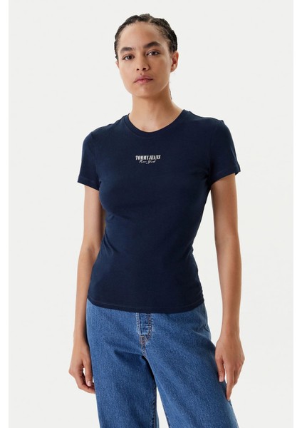 Kadın Slim Fit Logolu T-Shirt - Lacivert