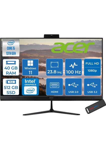 Aspire C24 Intel Core I5 1334U 40GB Ram 512GB SSD Windows 11 Pro Iris® Xe Graphics 23.8" Fullhd IPS 100Hz Siyah All In One Bilgisayar DQBN1EM001P22 + Zetta Flash Bellek