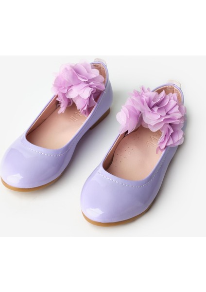 Lila Tül Çiçekli Kız Çocuk Ayakkabı Düz Taban Şıklığı
