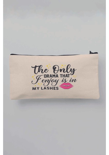 The Only Drama That I Enjoy Is In My Lashes Baskılı Bej Bez Makyaj Çantası Kalemlik Cüzdan