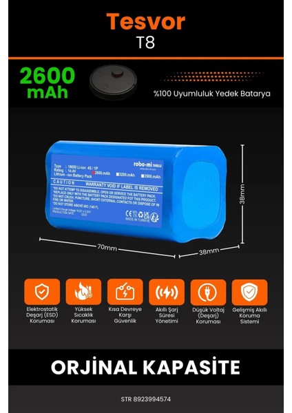 Tesvor T8 2600MAH Robot Süpürge Bataryası - Yüksek Yoğunluklu Li-Ion Hücre fiyatları