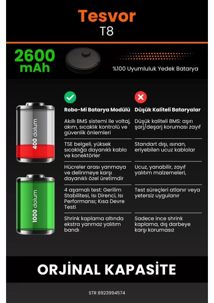 Tesvor T8 2600MAH Robot Süpürge Bataryası - Yüksek Yoğunluklu Li-Ion Hücre