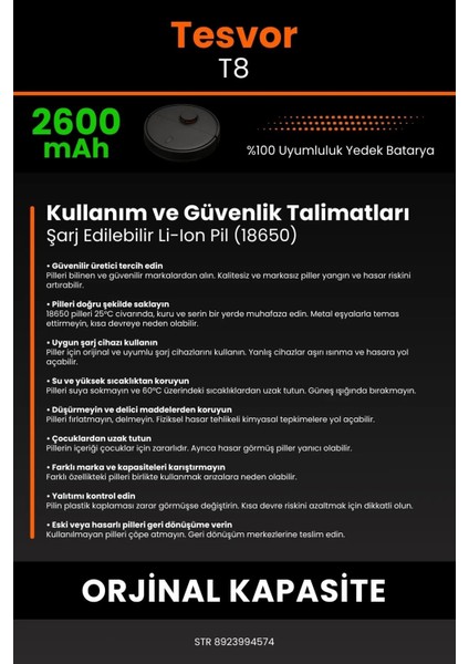 Tesvor T8 2600MAH Robot Süpürge Bataryası - Yüksek Yoğunluklu Li-Ion Hücre