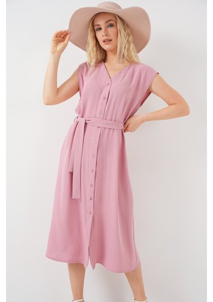 Miracotton Sıfır Kol Kuşaklı Ayrobin Elbise 2568 - Pudra