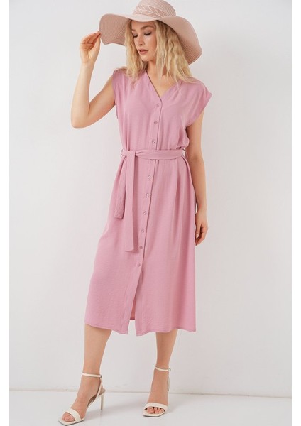 Miracotton Sıfır Kol Kuşaklı Ayrobin Elbise 2568 - Pudra fiyatları