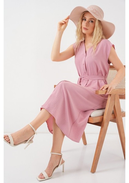 Miracotton Sıfır Kol Kuşaklı Ayrobin Elbise 2568 - Pudra modelleri