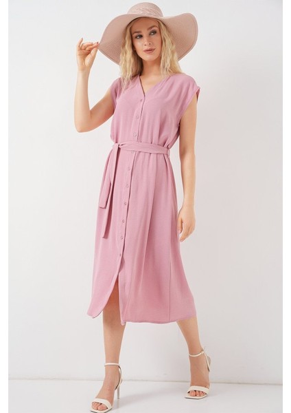 Miracotton Sıfır Kol Kuşaklı Ayrobin Elbise 2568 - Pudra fırsatları