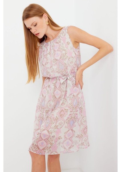 2501 Desenli Sıfır Kol Şifon Elbise - Pembe modelleri