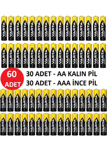 60'li Kalem Pil Seti – 30 Adet Aa Kalın + 30 Adet Aaa Ince Pil Güçlü Performanslı Seri
