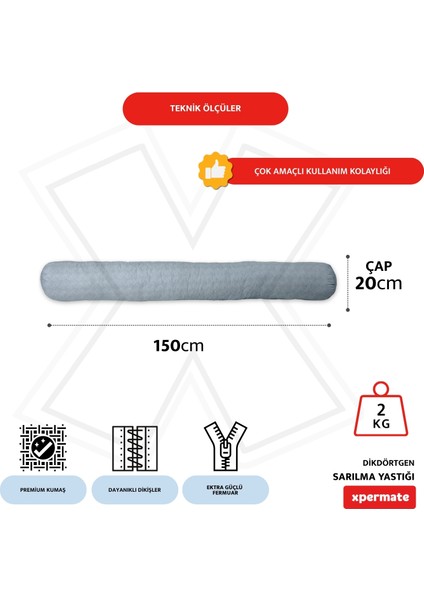 Sarılma Yastığı , Uyku Yastığı , Bacak Arası Yastığı Silindir 150 x 20 cm Gri fiyatları
