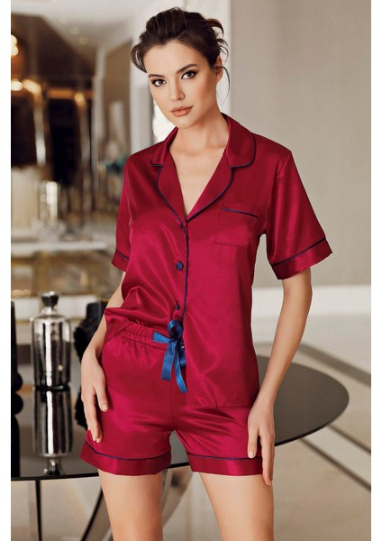 Imaj 2260 Bordo Renk Saten Kısa 2li Pijama Takım