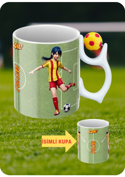 Sarı Kırmızı Futbol Toplu Sarı Kırmızı Forma Kadın Futbolcu Taraftar Isimli Baskılı Kupa Bardak