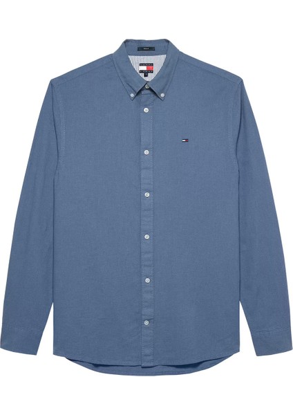 Erkek Regular Fit Düğmeli Yaka Keten Karışımlı Gömlek - Mavi