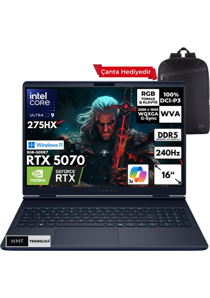 Alienware 16X Aurora Ultra 9-275HX 48-Gbddr5 2 Tbssd RTX5070 (8gb-Gddr7) 16" 2k Wqxga 240Hz Windows 11 Home Taşınabilir Bilgisayar + Hmf Sırt Çantası AC16251-CU932157WHMF7