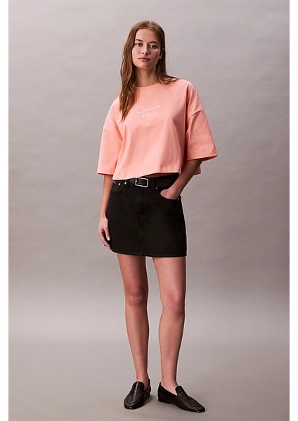 Kadın Cropped Boxy Fit Logolu T-Shirt - Mercan fiyatları