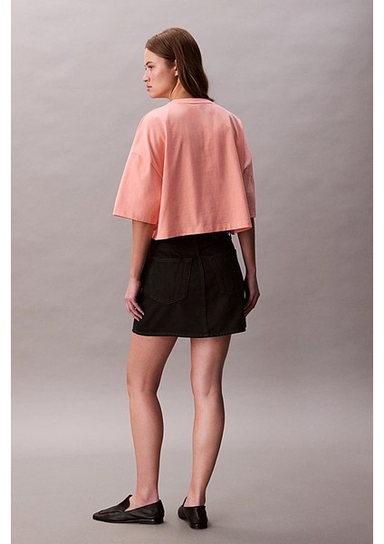 Kadın Cropped Boxy Fit Logolu T-Shirt - Mercan modelleri