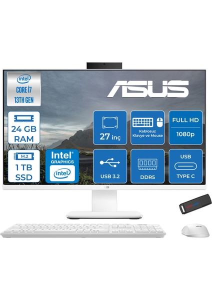 V470VAK Intel Core I7-13620H 24GB Ddr5 1tb SSD 27'' Fhd 100Hz 300NITS Freedos Beyaz Allınone Bilgisayar ABI716512W0DF08+ZETTAUSBBELLEK