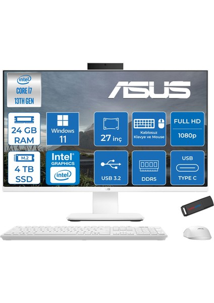 V470VAK Intel Core I7-13620H 24GB Ddr5 4tb SSD 27'' Fhd 100Hz 300NITS Windows 11 Pro Beyaz Allınone Bilgisayar ABI716512W0DP10+ZETTAUSBBELLEK