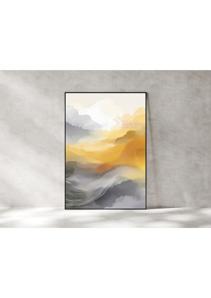Metal Çerçeveli Gerçek Camlı Tablo - Dijital Baskı - Soyut "sarı"