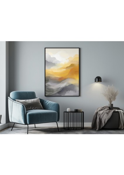 Metal Çerçeveli Gerçek Camlı Tablo - Dijital Baskı - Soyut "sarı"