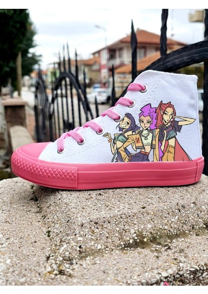 Beyaz Pembe Taban Kpop Baskılı Keten Çocuk Spor Ayakkabı Sneaker