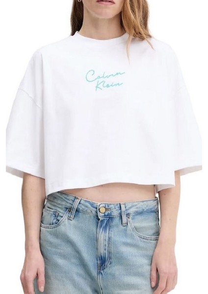 Kadın Cropped Boxy Fit Zincir Dikiş Logolu T-Shirt - Beyaz