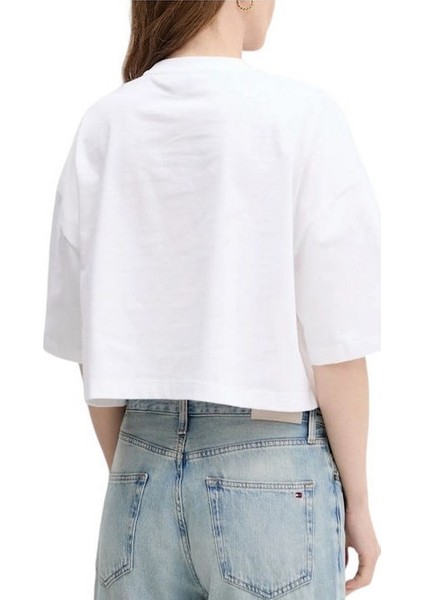 Kadın Cropped Boxy Fit Zincir Dikiş Logolu T-Shirt - Beyaz fiyatları
