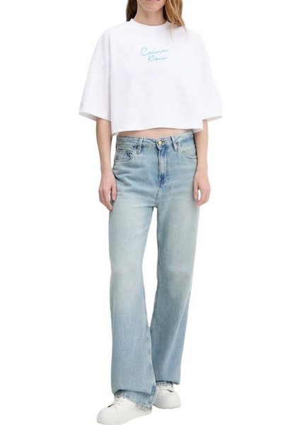 Kadın Cropped Boxy Fit Zincir Dikiş Logolu T-Shirt - Beyaz modelleri