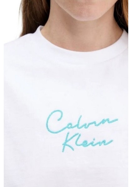 Kadın Cropped Boxy Fit Zincir Dikiş Logolu T-Shirt - Beyaz fırsatları