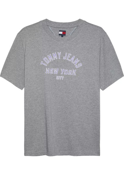 Kadın Varsity Logolu Relaxed Fit T-Shirt - Gri Melanj