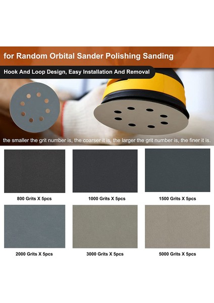 30 Adet 5 Inç Zımpara Diski Setleri, Kanca ve Döngü 5 Inç 8 Delikli Kombinasyon (800/1000/1500/2000/3000/5000) Zımpara Kağıdı (Yurt Dışından) fiyatları