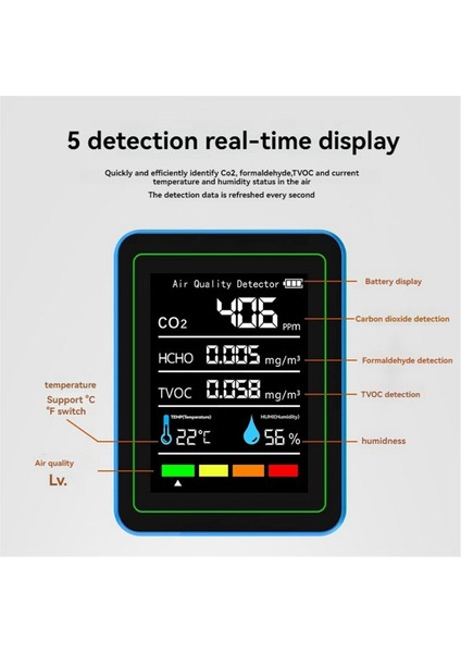 5'i 1 Arada Hava Kalitesi Monitörü Tvoc Hcho Sıcaklık Nem Co2 Ölçer, USB Şarj Edilebilir Co2 Dedektörü Siyah (Yurt Dışından)