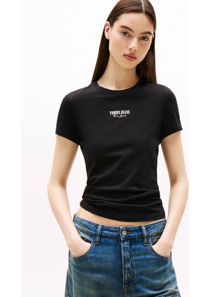 Kadın Slim Fit Logolu T-Shirt - Siyah