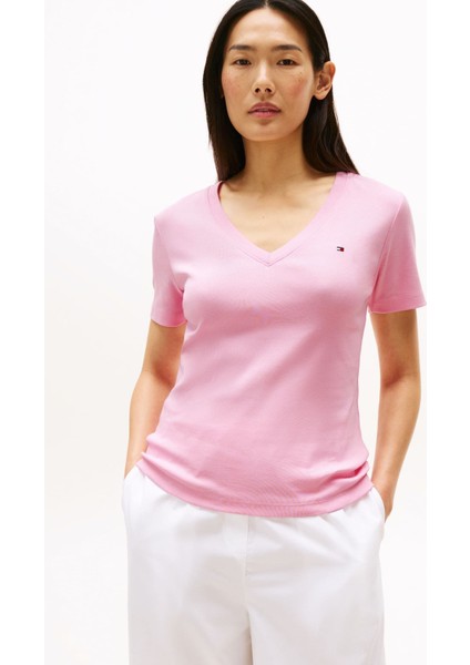 Kadın Slim Cody V-Yaka Kısa Kollu T-Shirt - Pembe