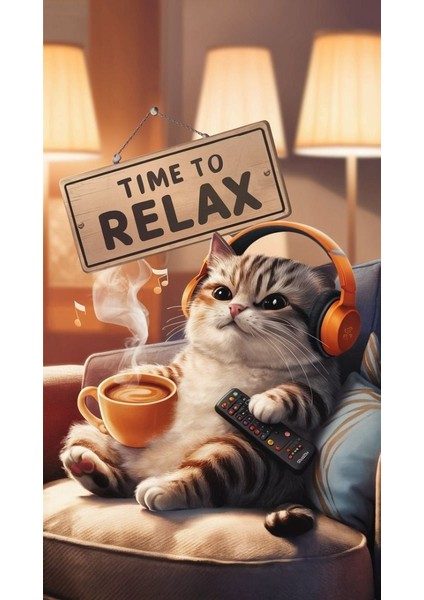 Kahve Müzik Keyfi Yapan Kedi Kanvas Tablo Ev Duvar Salon Ofis Dükkan Hediyelik Dekarasyon Süsü fiyatları