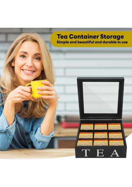 Ahşap 9 Izgara Çay Kutusu Çay Poşetleri Konteyner Saklama Kutusu Kare Hediye Kutusu Kasa Şeffaf Üst Kapaklı Mücevher Saklama Kutusu-Siyah (Yurt Dışından) fırsatları