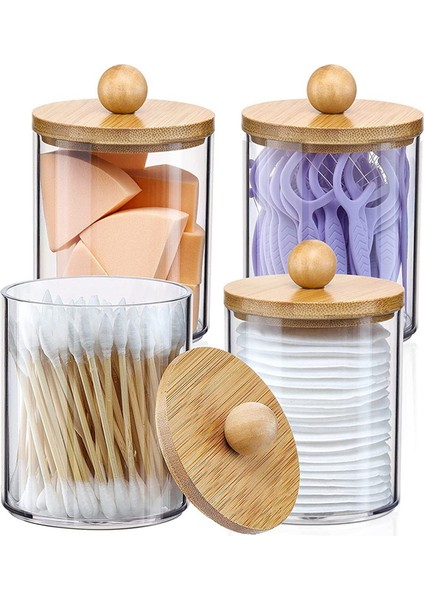 Qtip Tutucu, Banyo Düzenleyici Aksesuarları Saklama Kapları Pamuk Topu, Diş Ipi Için Bambu Kapaklı Şeffaf Plastik Kavanozlar (Yurt Dışından)
