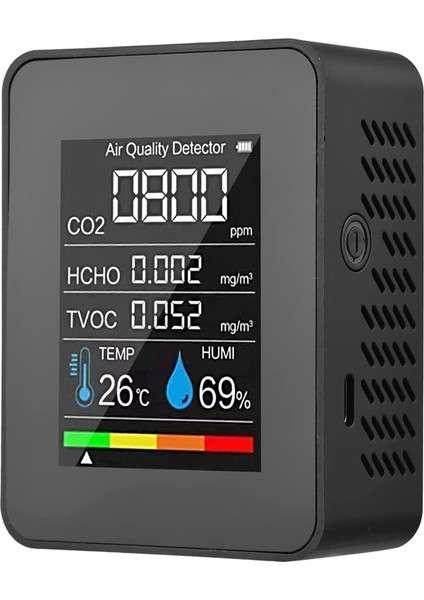 5'i 1 Arada Hava Kalitesi Monitörü Tvoc Hcho Sıcaklık Nem Co2 Ölçer, USB Şarj Edilebilir Co2 Dedektörü Siyah (Yurt Dışından)