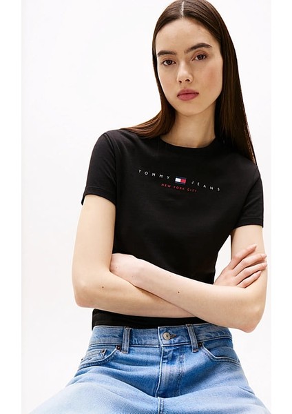 Kadın Linear Logo Slim T-Shirt - Siyah fırsatları